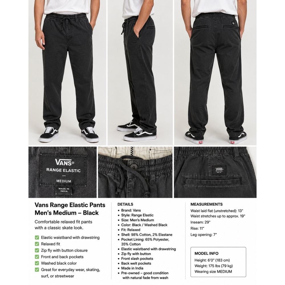 Vans Range Elastic Relaxed Fit Pants Mens Medium Black Washed Skate Chino